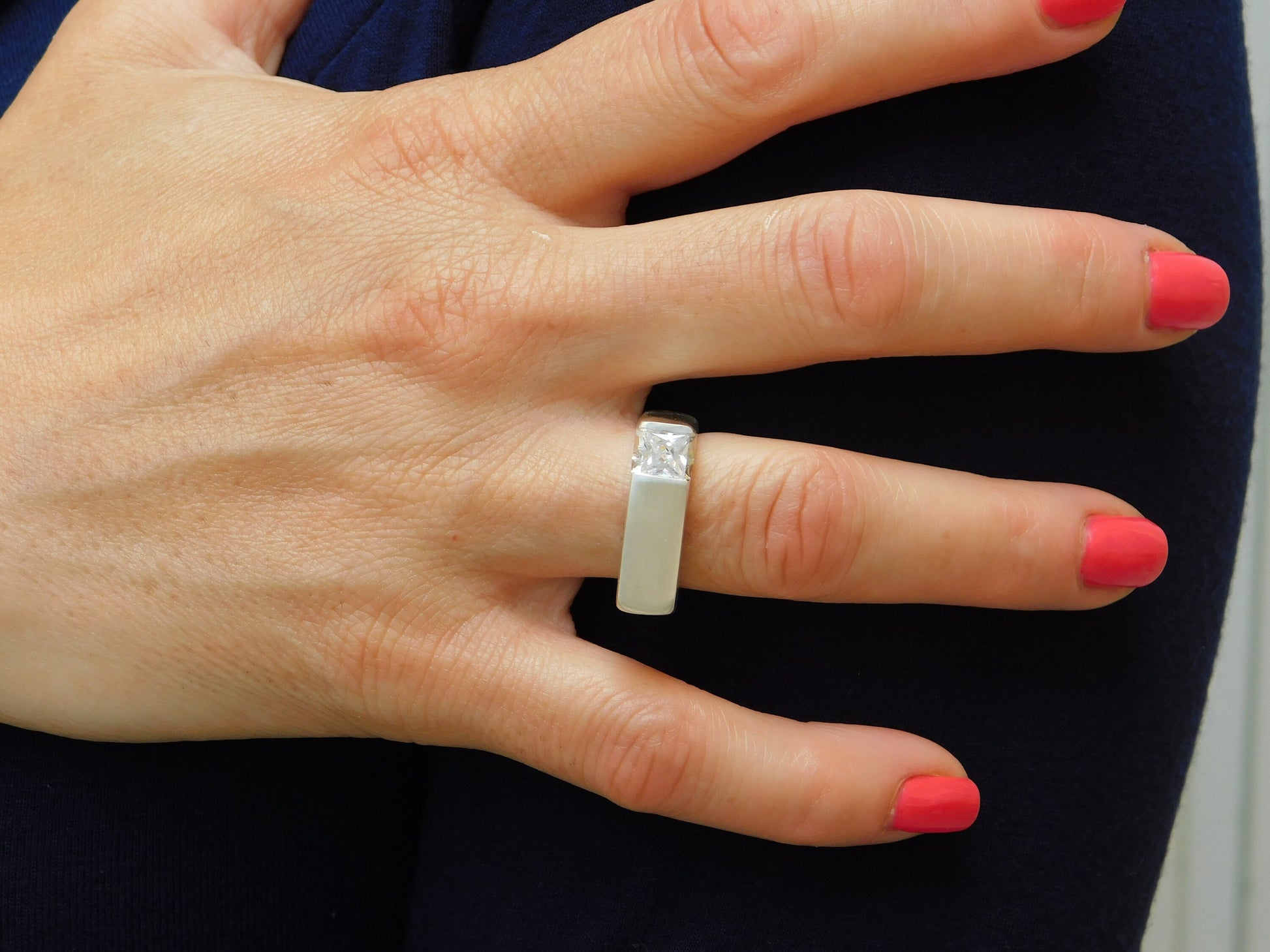 Square Silver Ring, Princess Cut Moissanite Tension Setting, Minimalist Statement Band