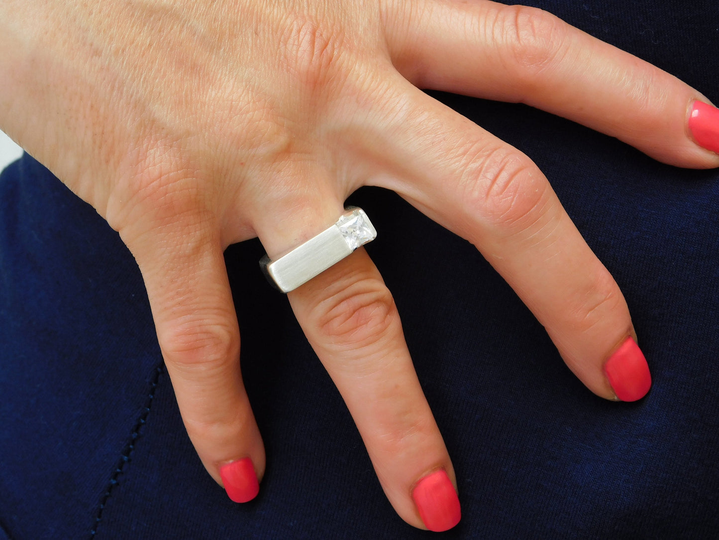 Square Silver Ring, Princess Cut Moissanite Tension Setting, Minimalist Statement Band