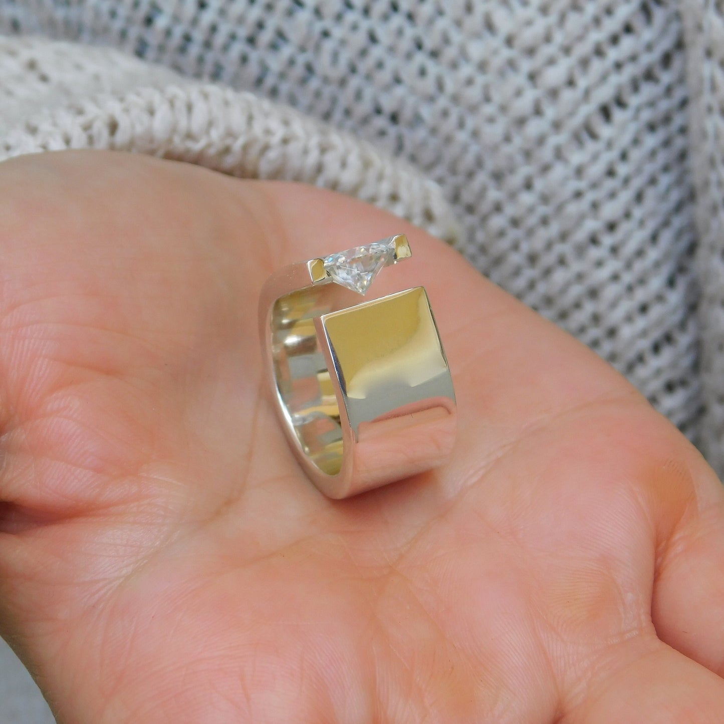 Statement Ring: Moissanite Solitaire Ring, Ag950 Silver Offset Design