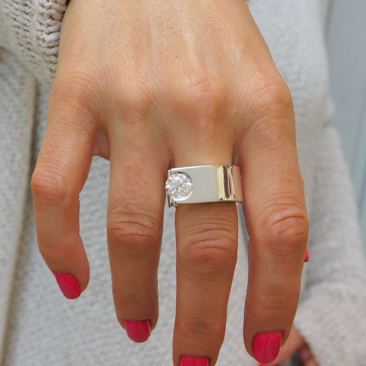 Statement Ring: Moissanite Solitaire Ring, Ag950 Silver Offset Design