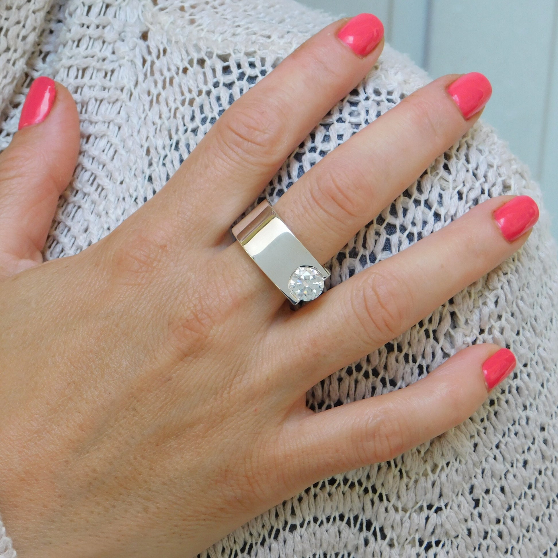 Statement Ring: Moissanite Solitaire Ring, Ag950 Silver Offset Design