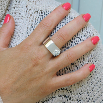 Statement Ring: Moissanite Solitaire Ring, Ag950 Silver Offset Design