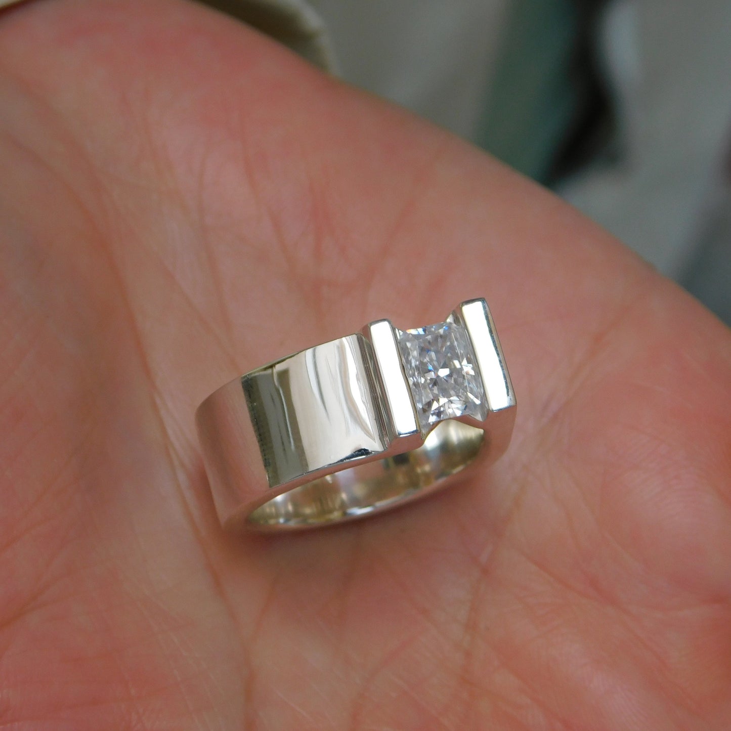 Silver Solitaire ring: Moissanite Tension Setting Statement Ring