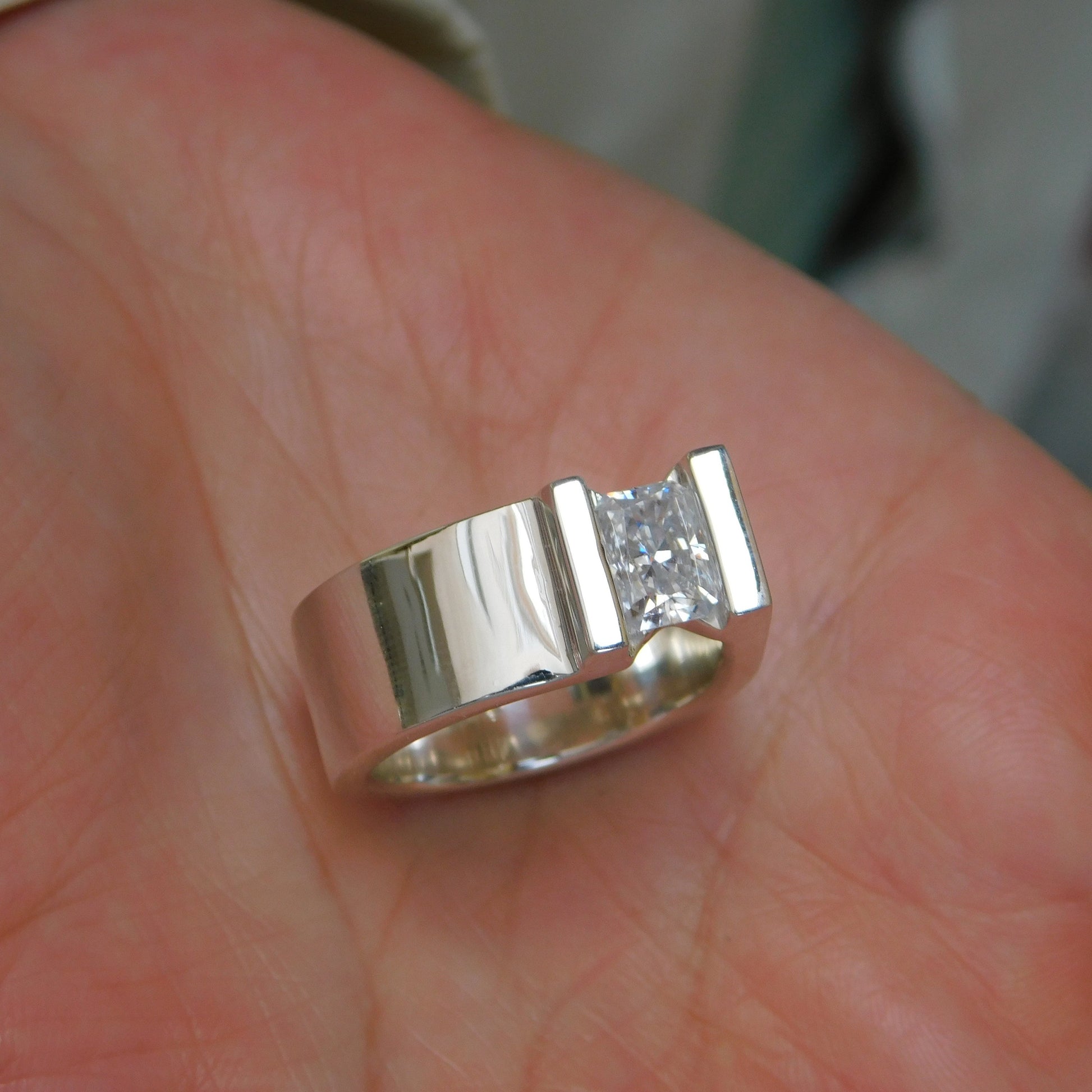Silver Solitaire ring: Moissanite Tension Setting Statement Ring