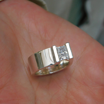 Silver Solitaire ring: Moissanite Tension Setting Statement Ring
