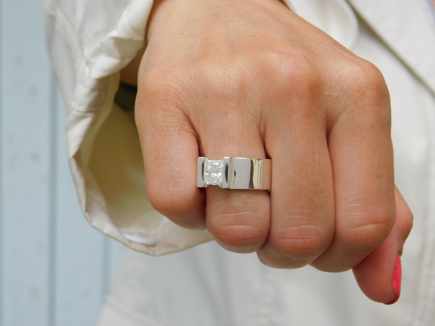 Silver Solitaire ring: Moissanite Tension Setting Statement Ring