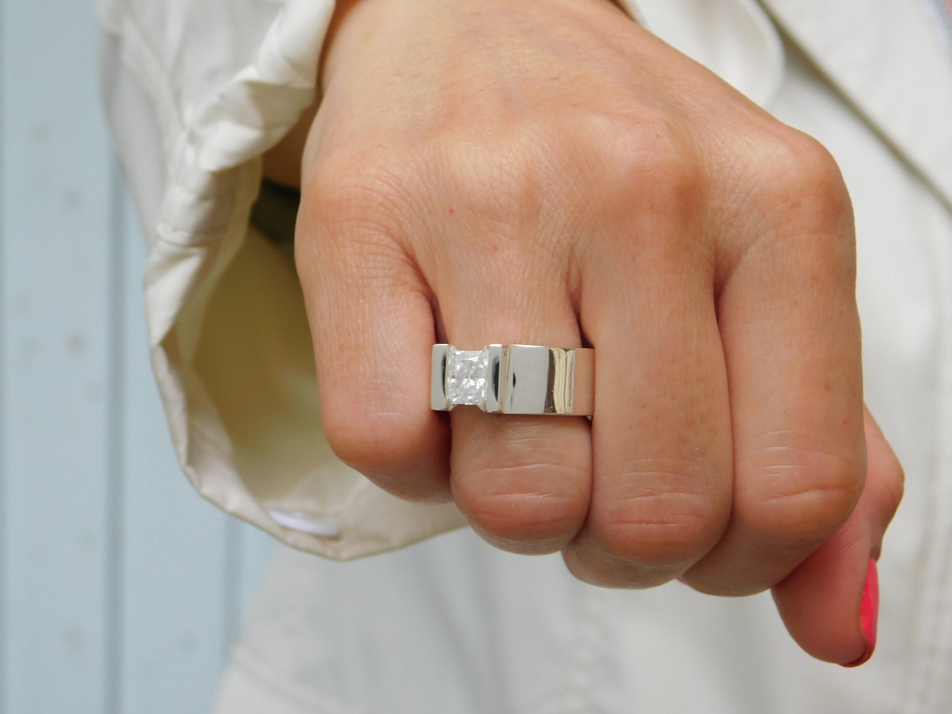 Silver Solitaire ring: Moissanite Tension Setting Statement Ring