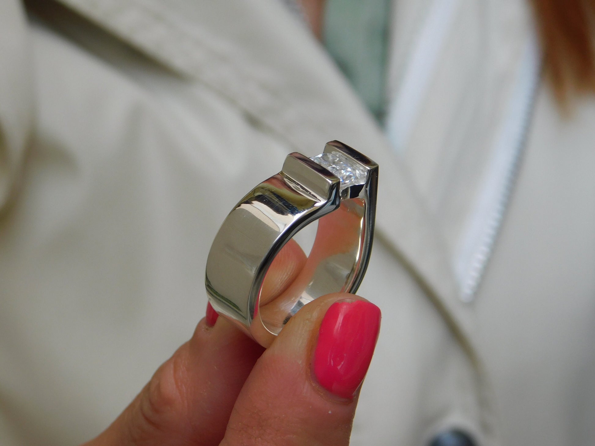 Silver Solitaire ring: Moissanite Tension Setting Statement Ring