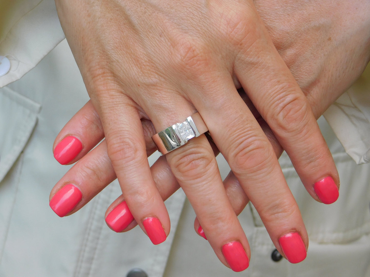 Silver Solitaire ring: Moissanite Tension Setting Statement Ring