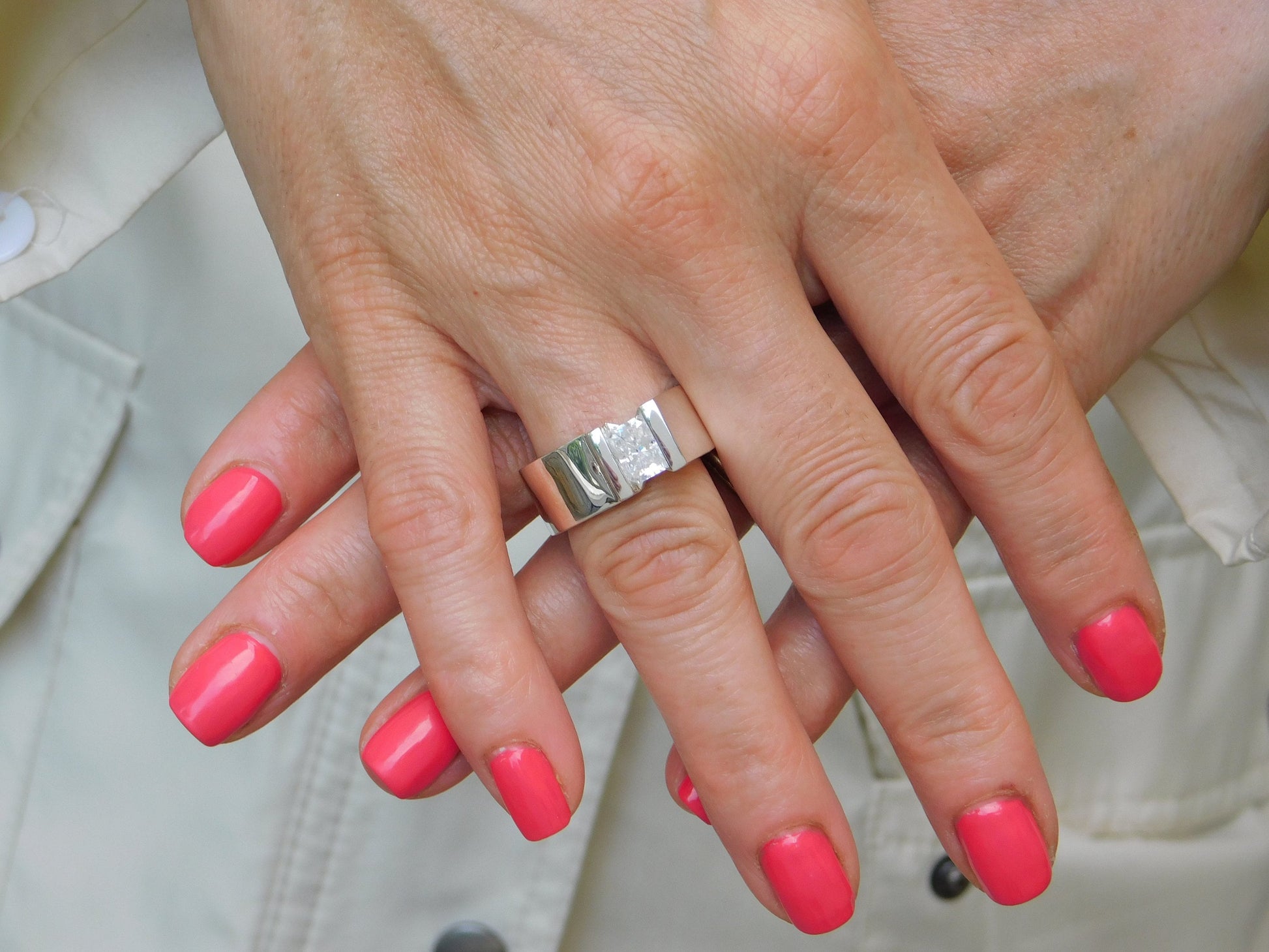 Silver Solitaire ring: Moissanite Tension Setting Statement Ring