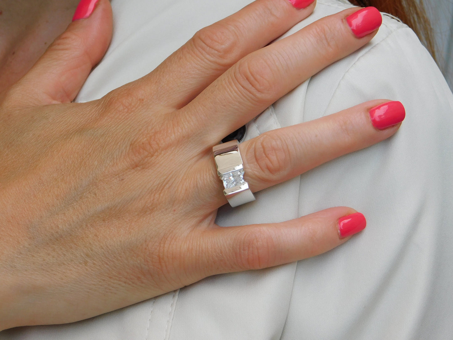 Silver Solitaire ring: Moissanite Tension Setting Statement Ring