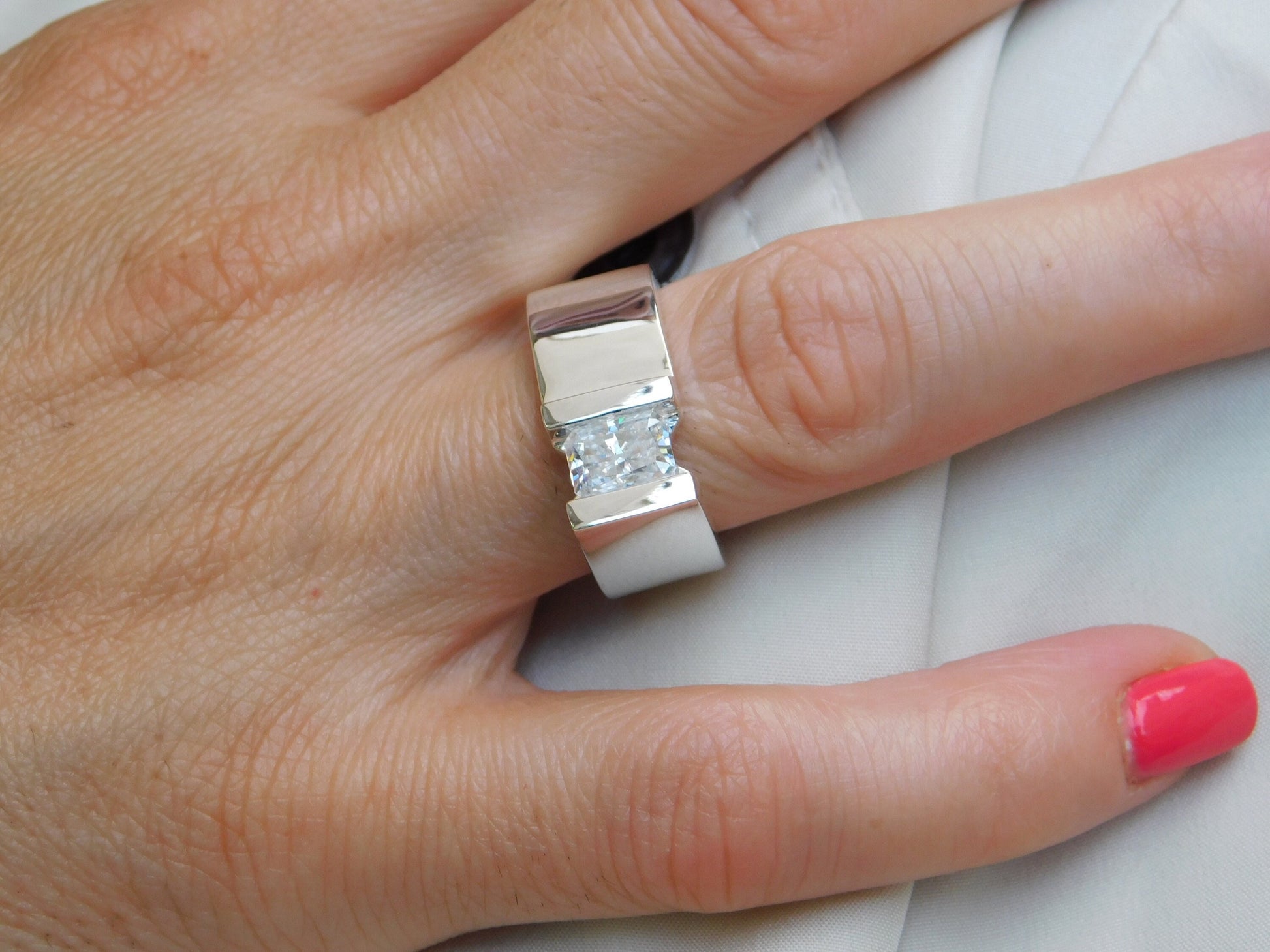 Silver Solitaire ring: Moissanite Tension Setting Statement Ring