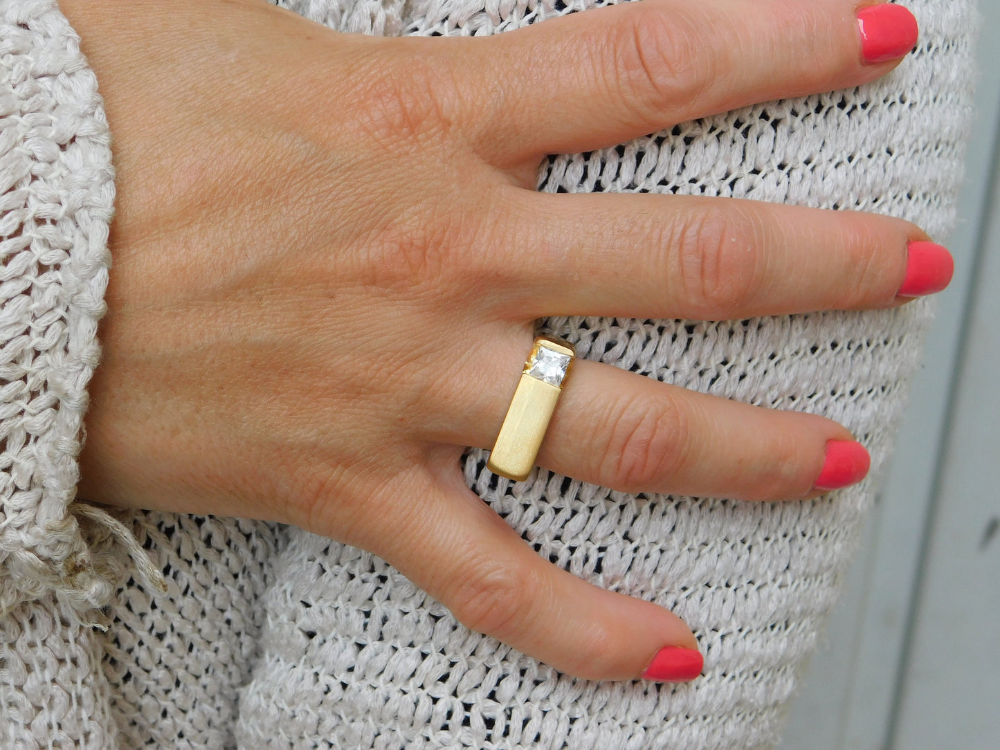 Princess Cut Moissanite Ring, Gold Plated Statement Ring