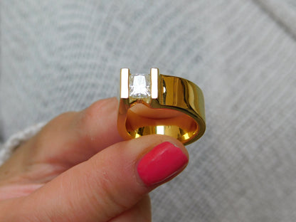 Tension Set Moissanite Engagement Ring, Gold Plated Solitaire, Radiant Cut Stone