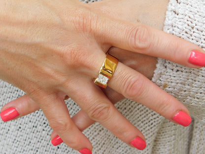 Tension Set Moissanite Engagement Ring, Gold Plated Solitaire, Radiant Cut Stone