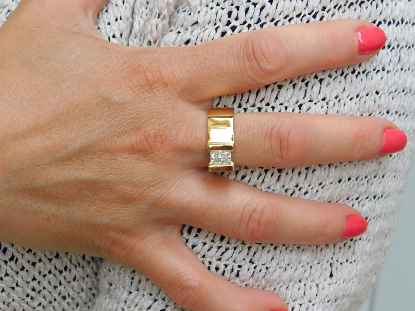 Tension Set Moissanite Engagement Ring, Gold Plated Solitaire, Radiant Cut Stone