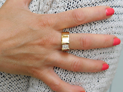 Tension Set Moissanite Engagement Ring, Gold Plated Solitaire, Radiant Cut Stone