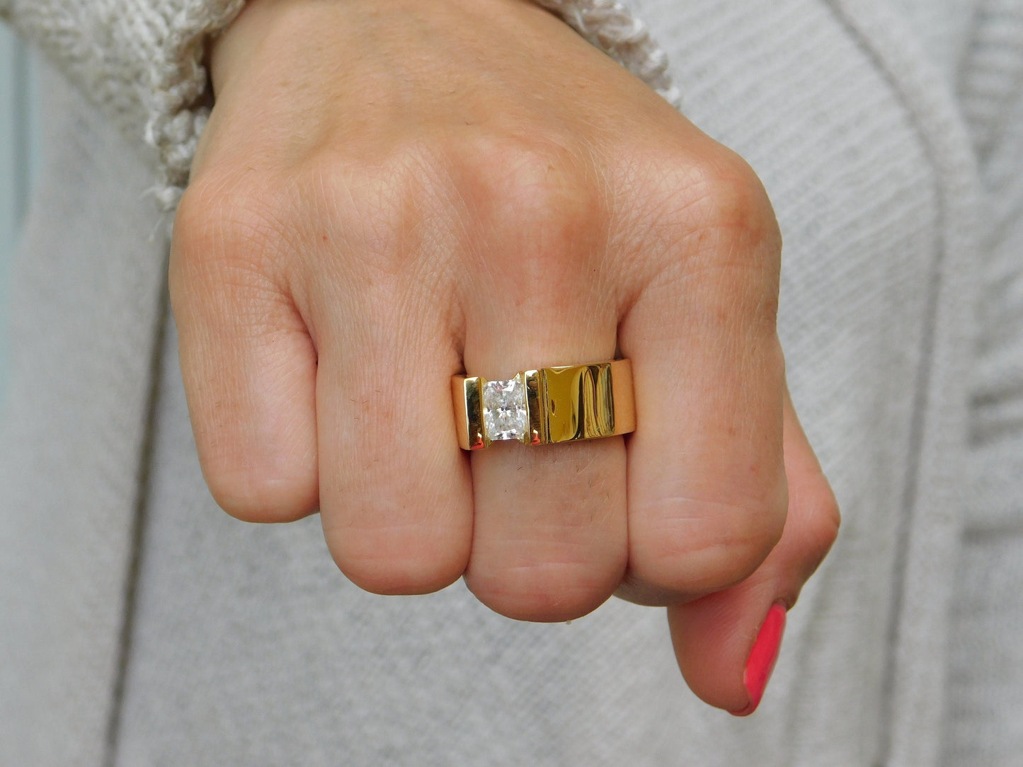 Tension Set Moissanite Engagement Ring, Gold Plated Solitaire, Radiant Cut Stone