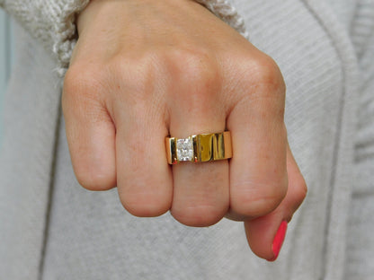 Tension Set Moissanite Engagement Ring, Gold Plated Solitaire, Radiant Cut Stone