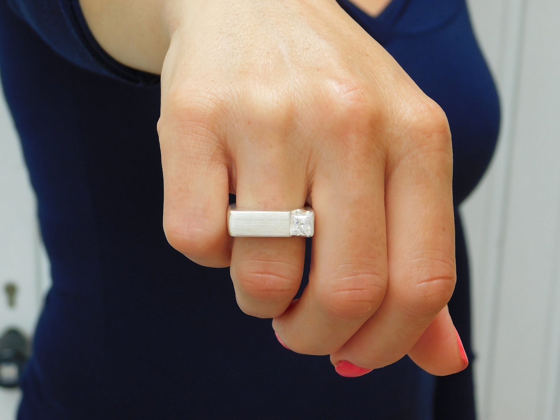 Square Silver Ring, Princess Cut Moissanite Tension Setting, Minimalist Statement Band