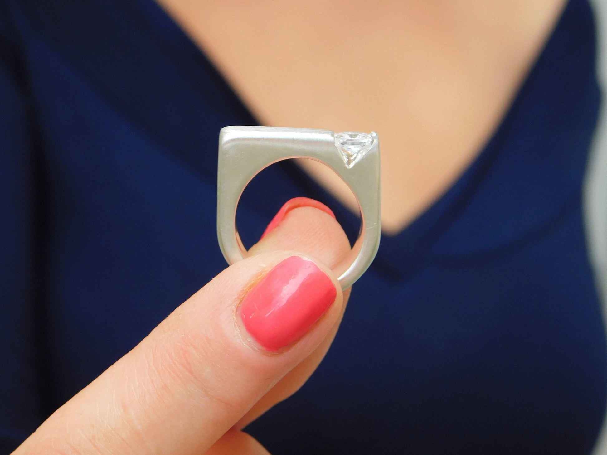 Square Silver Ring, Princess Cut Moissanite Tension Setting, Minimalist Statement Band