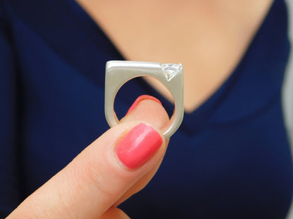 Square Silver Ring, Princess Cut Moissanite Tension Setting, Minimalist Statement Band