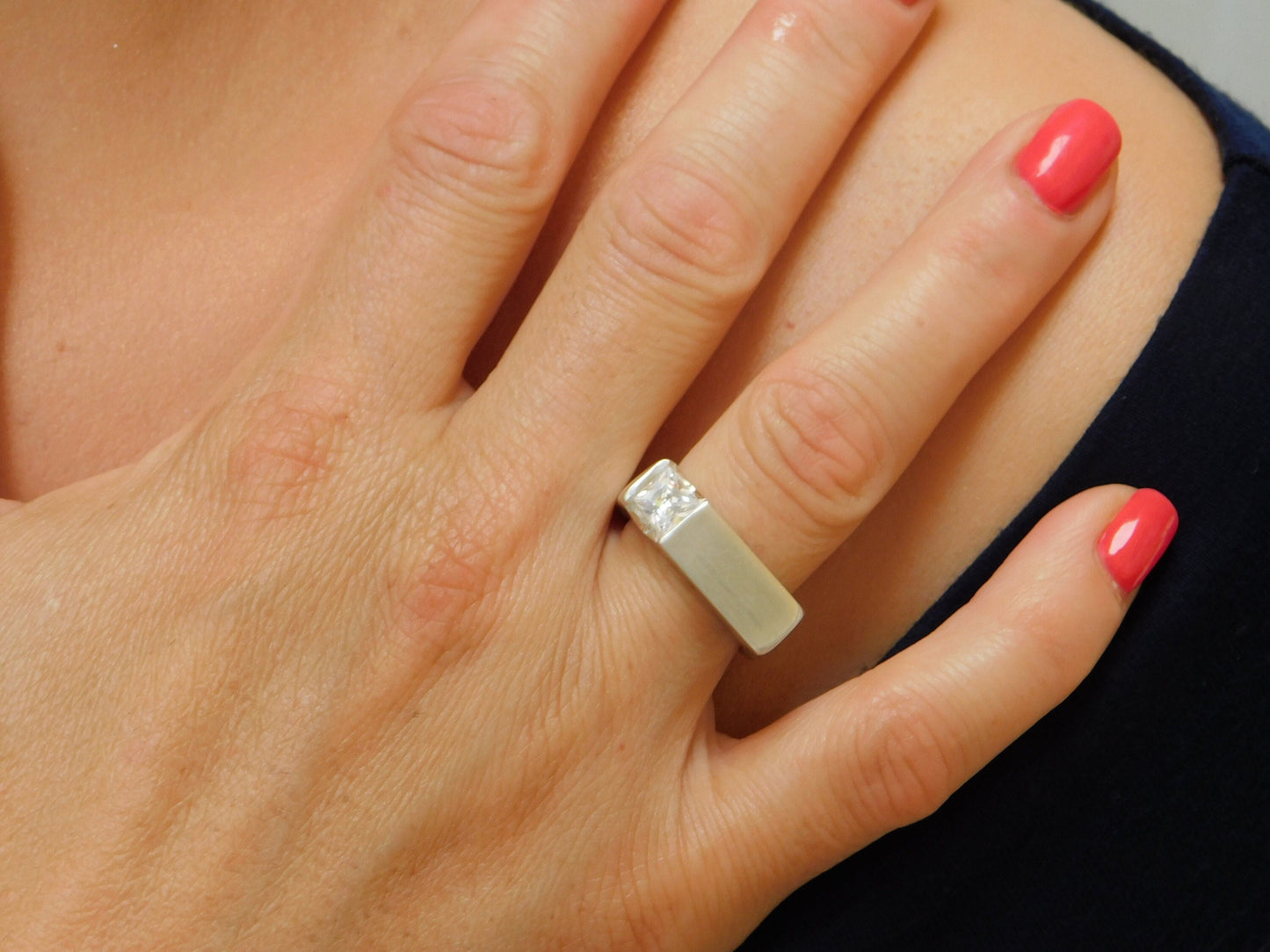Square Silver Ring, Princess Cut Moissanite Tension Setting, Minimalist Statement Band