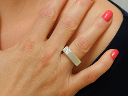 Square Silver Ring, Princess Cut Moissanite Tension Setting, Minimalist Statement Band