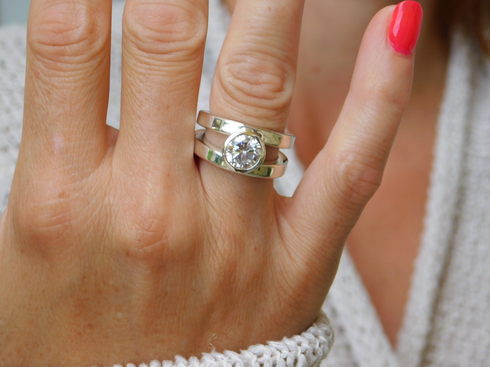 Promise Ring: Big Moissanite Ring, AG950 Silver Bezel Solitaire