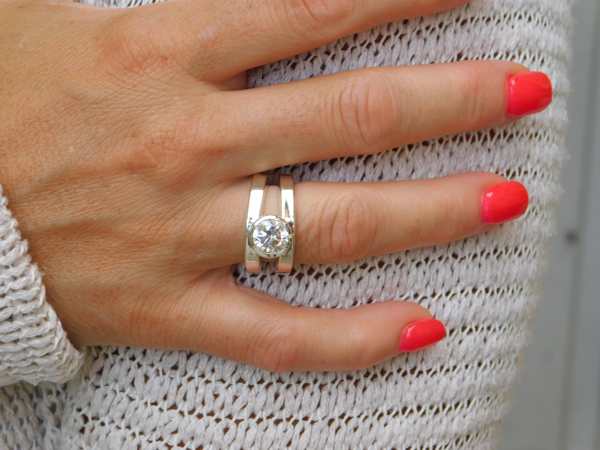 Promise Ring: Big Moissanite Ring, AG950 Silver Bezel Solitaire
