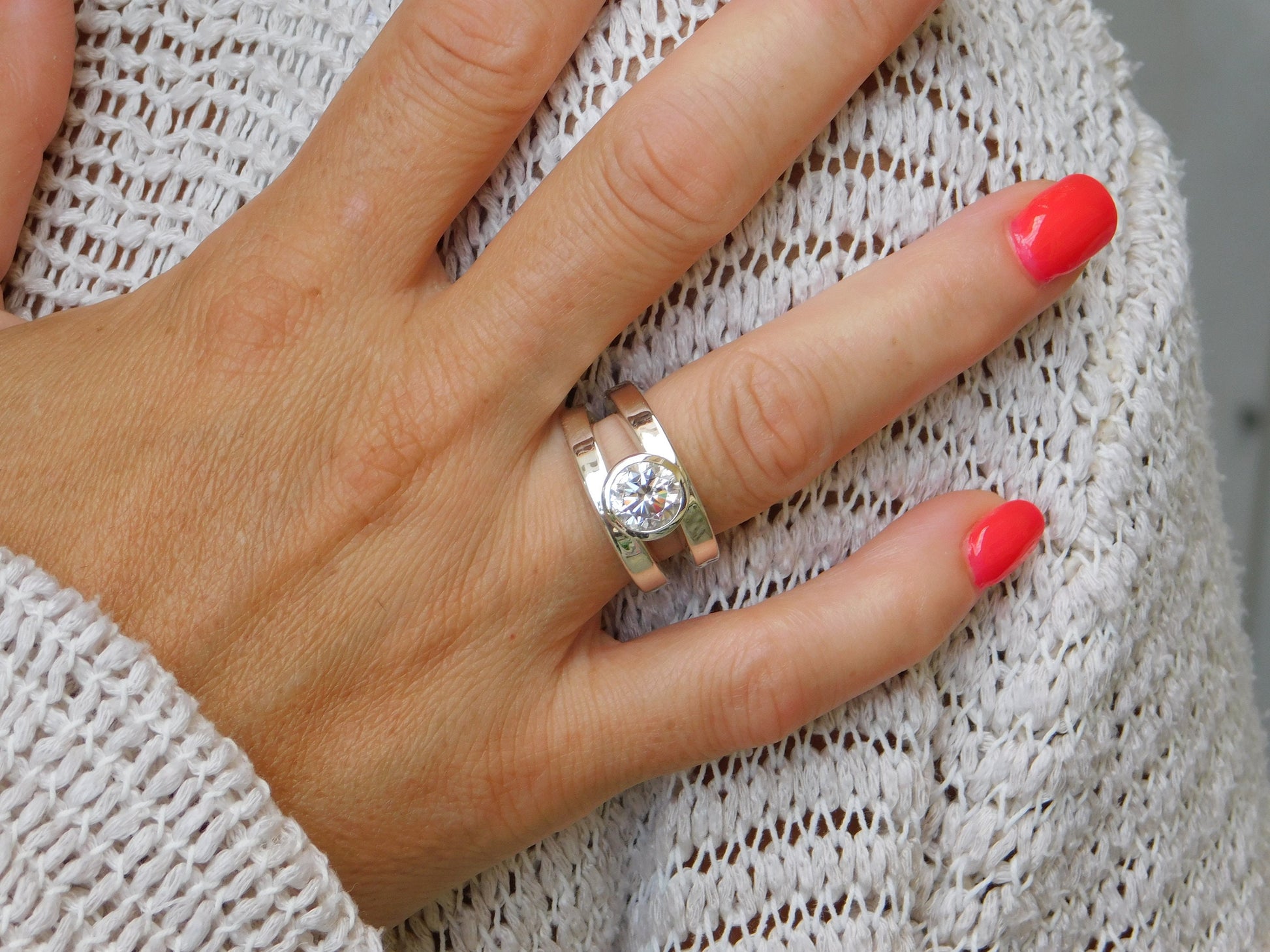 Promise Ring: Big Moissanite Ring, AG950 Silver Bezel Solitaire