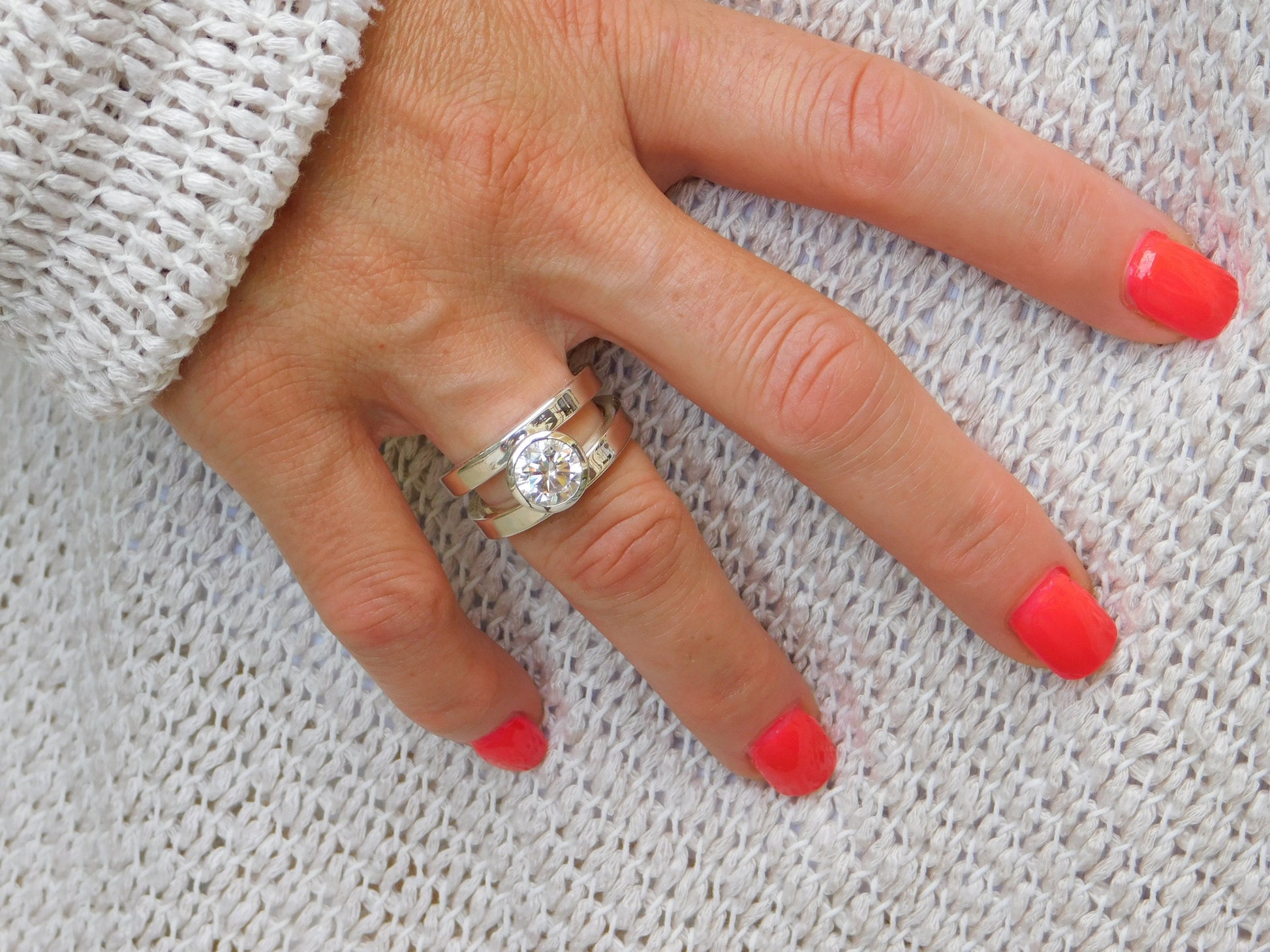 Promise Ring: Big Moissanite Ring, AG950 Silver Bezel Solitaire