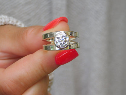 Promise Ring: Big Moissanite Ring, AG950 Silver Bezel Solitaire