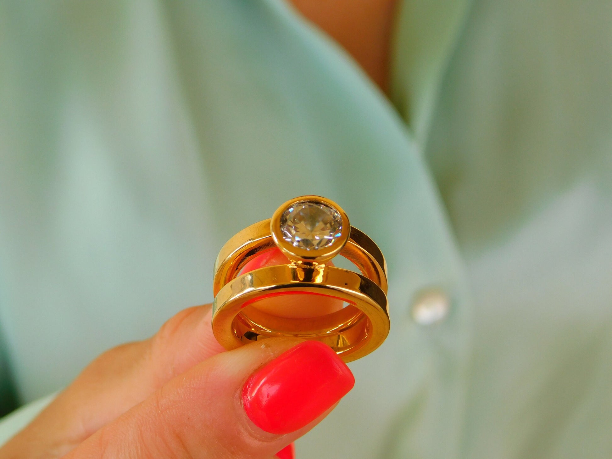 Moissanite Engagement Ring: Double Shank Bezel Setting, Gold Plated Silver AG 950