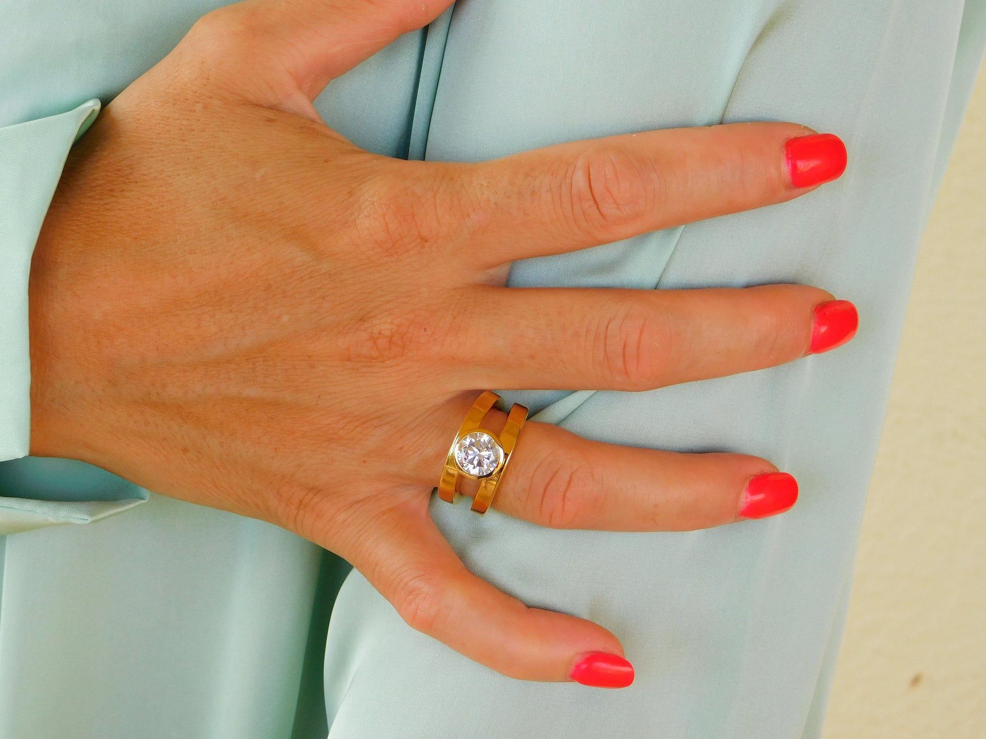 Moissanite Engagement Ring: Double Shank Bezel Setting, Gold Plated Silver AG 950