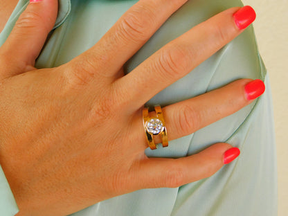 Moissanite Engagement Ring: Double Shank Bezel Setting, Gold Plated Silver AG 950