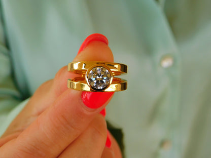 Moissanite Engagement Ring: Double Shank Bezel Setting, Gold Plated Silver AG 950