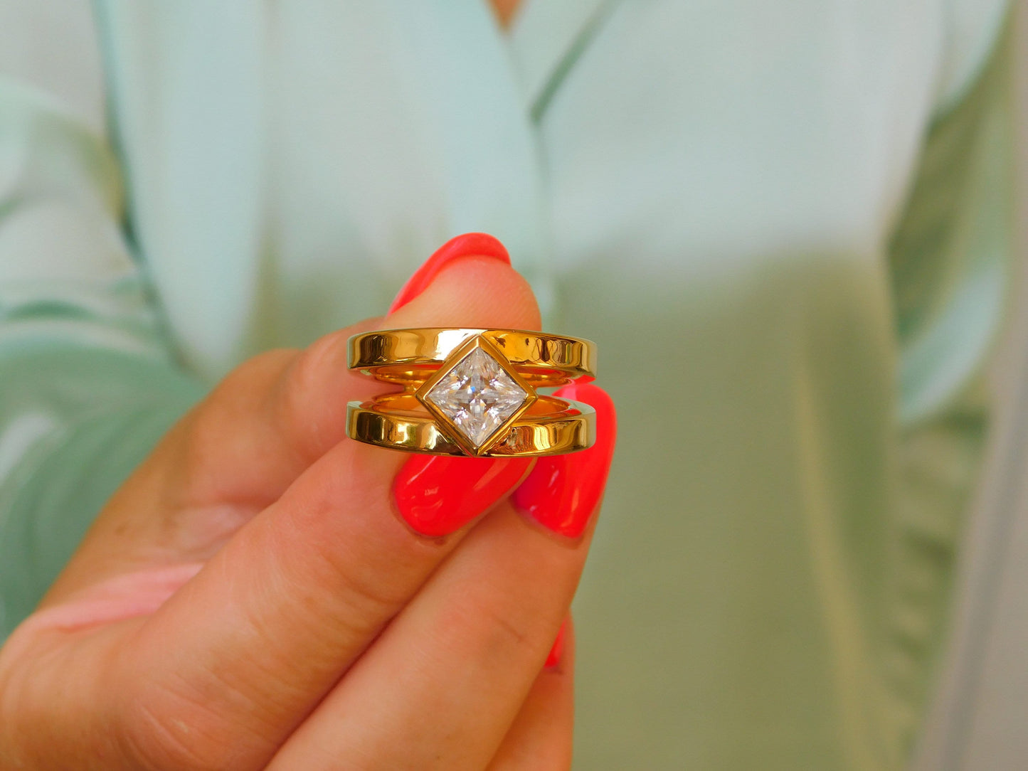 Princess Cut Moissanite Ring, Engagement Ring Silver AG 950, Split Band Square Stone Setting