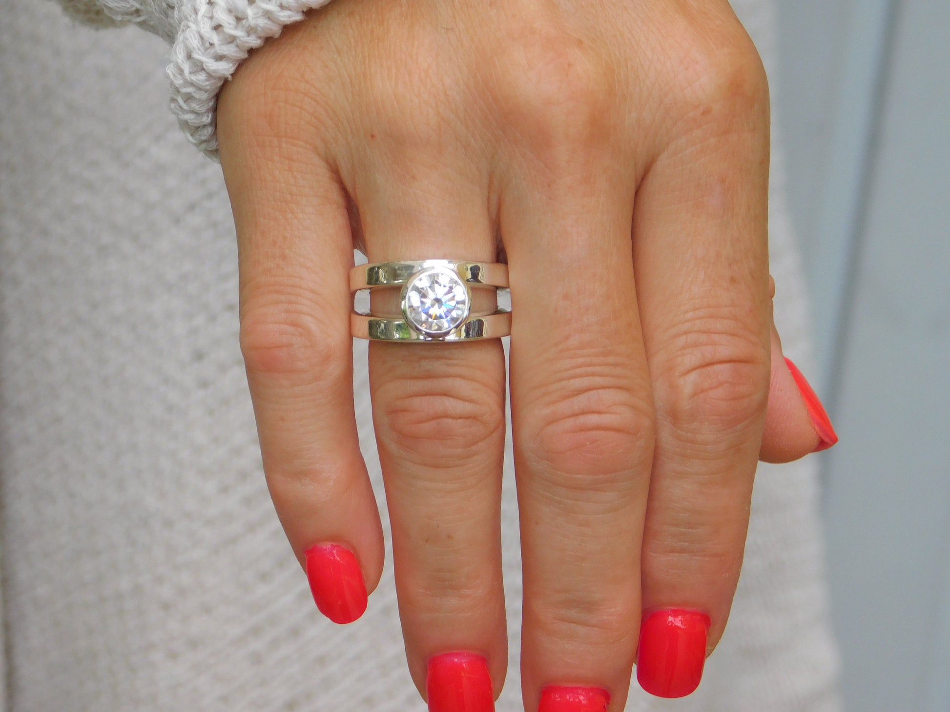 Promise Ring: Big Moissanite Ring, AG950 Silver Bezel Solitaire