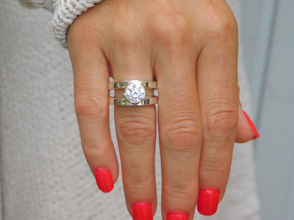 Promise Ring: Big Moissanite Ring, AG950 Silver Bezel Solitaire