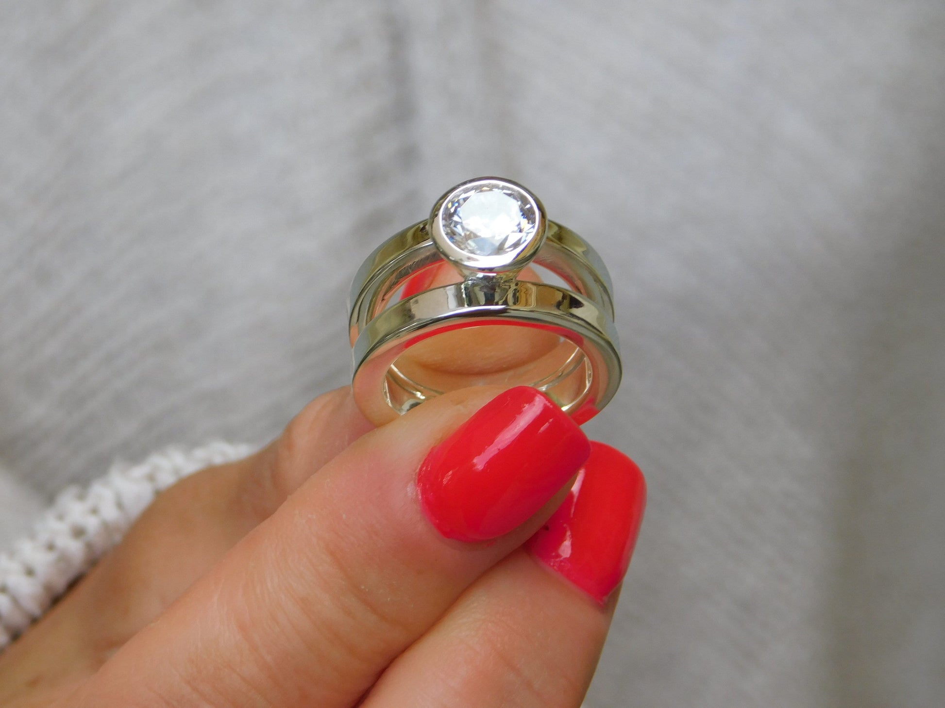 Promise Ring: Big Moissanite Ring, AG950 Silver Bezel Solitaire