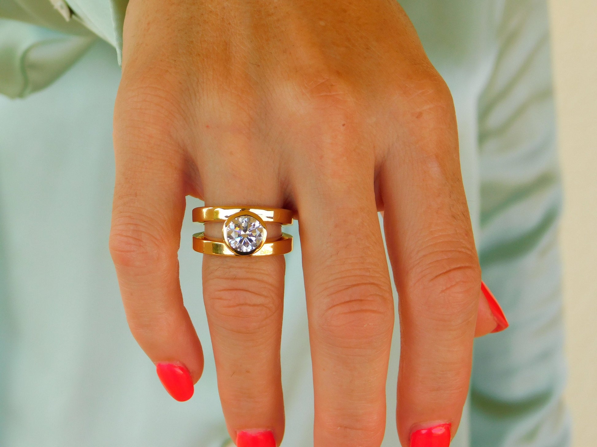 Moissanite Engagement Ring: Double Shank Bezel Setting, Gold Plated Silver AG 950