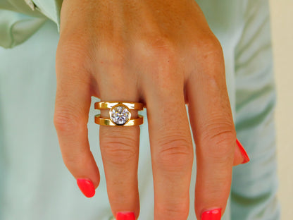 Moissanite Engagement Ring: Double Shank Bezel Setting, Gold Plated Silver AG 950