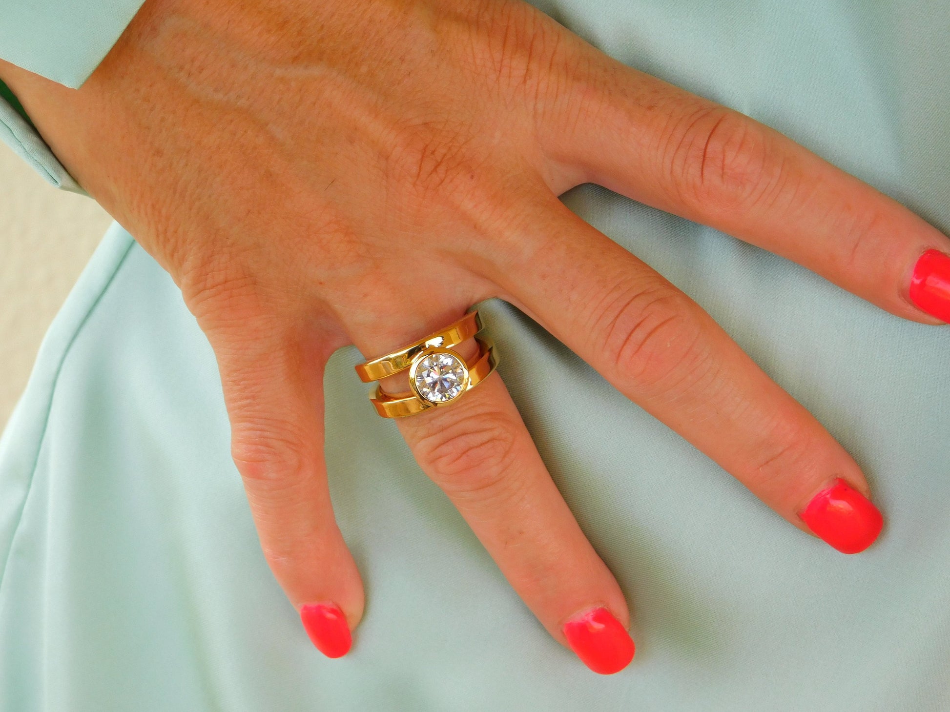 Moissanite Engagement Ring: Double Shank Bezel Setting, Gold Plated Silver AG 950