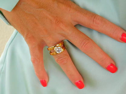 Moissanite Engagement Ring: Double Shank Bezel Setting, Gold Plated Silver AG 950
