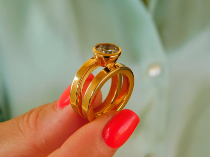 Moissanite Engagement Ring: Double Shank Bezel Setting, Gold Plated Silver AG 950
