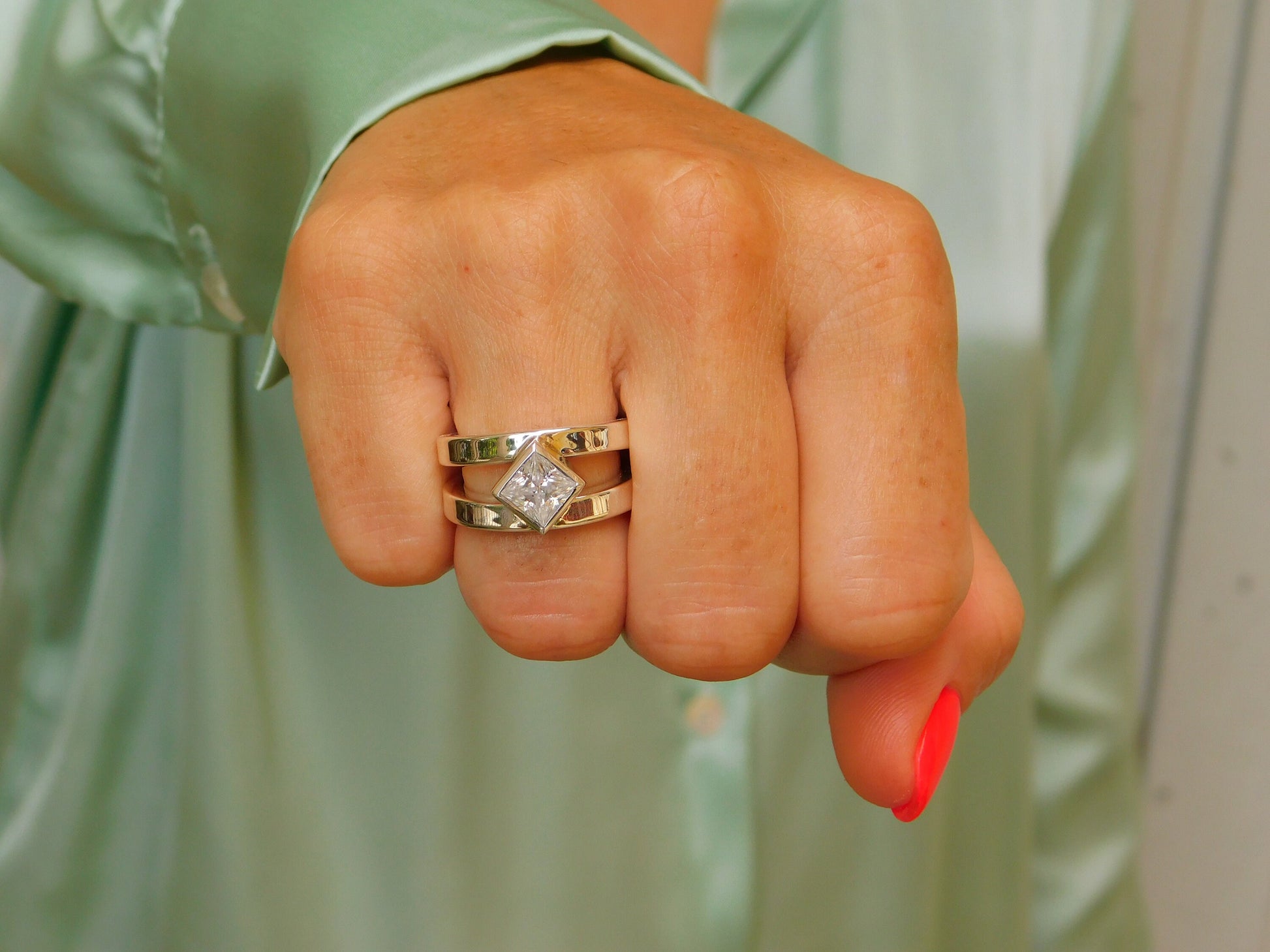 Princess Cut Moissanite Ring, Engagement Ring Silver AG 950, Split Band Square Stone Setting