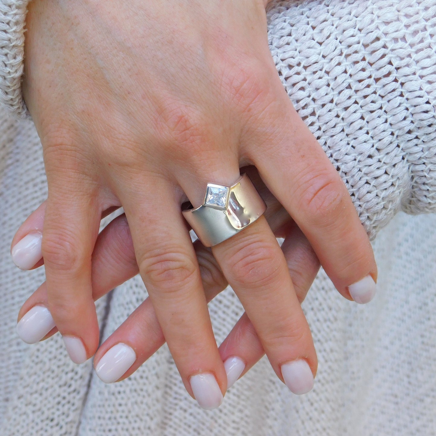 Princess Cut Moissanite Ring, Wide 950 Silver Wedding Band