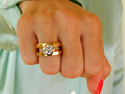 Moissanite Engagement Ring: Double Shank Bezel Setting, Gold Plated Silver AG 950