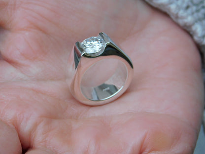 Thick Band Moissanite Engagement Ring: AG950 Sterling Silver Tension Ring